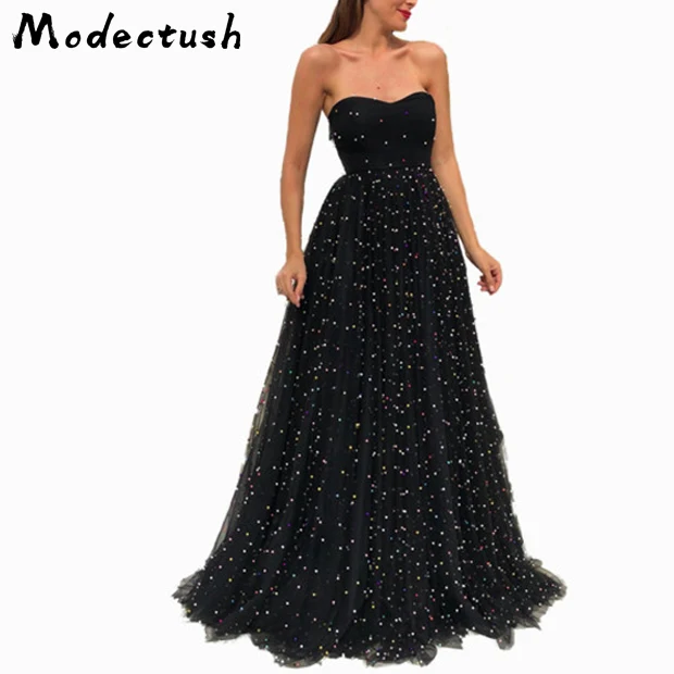 Modecrash сексуальное черное без бретелек Сетчатое длинное макси платье для женщин