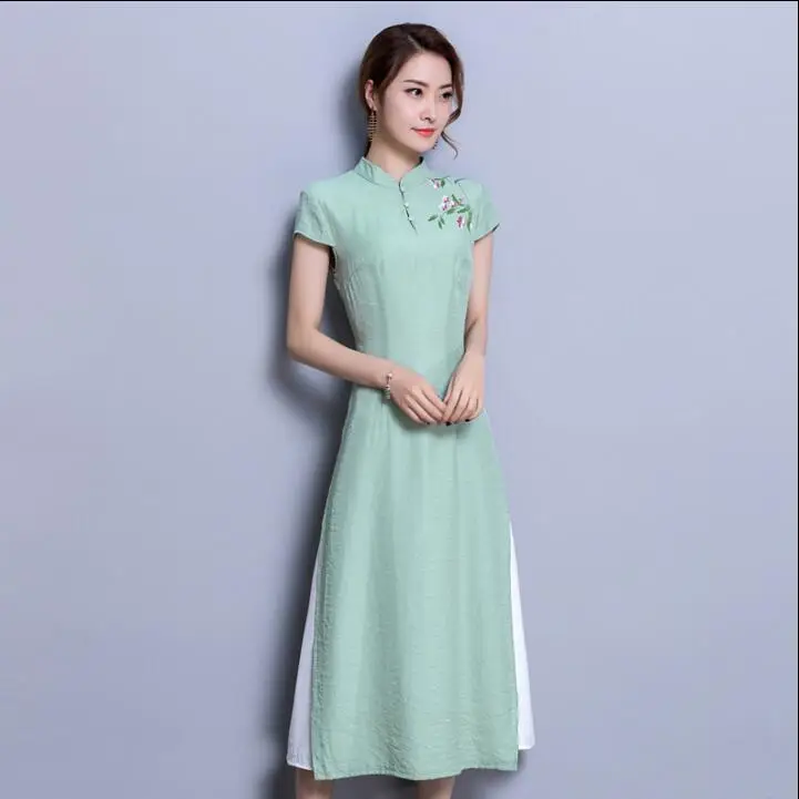 

2018 new crane print Vietnamese aodai traditional clothing qipao long Chinese cheongsam dress Chinese dress