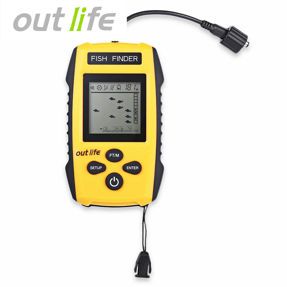 Outlife الأسماك مكتشف 0.7-100 متر 200 كيلو هرتز تحت الماء LCD سونار إنذار محول Fishfinder