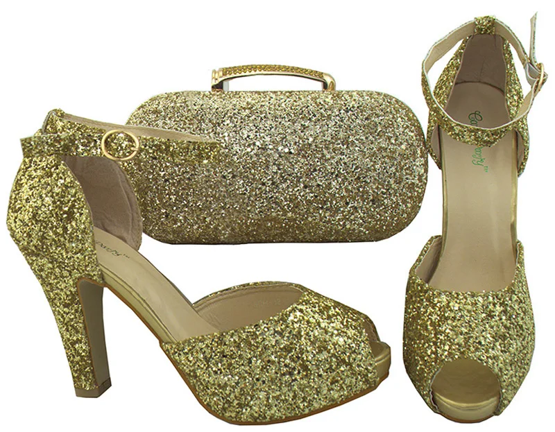 

Wedding shoes gold color with matching clutches bag bling bling shinning material for african aso ebi party size 38-42 SB8081-6