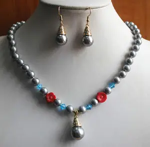 

hot Free shippingCharming 8mm Black/Red Flower Pearl Necklace 14mm Earring Pendant Jewelry Set (A0423)