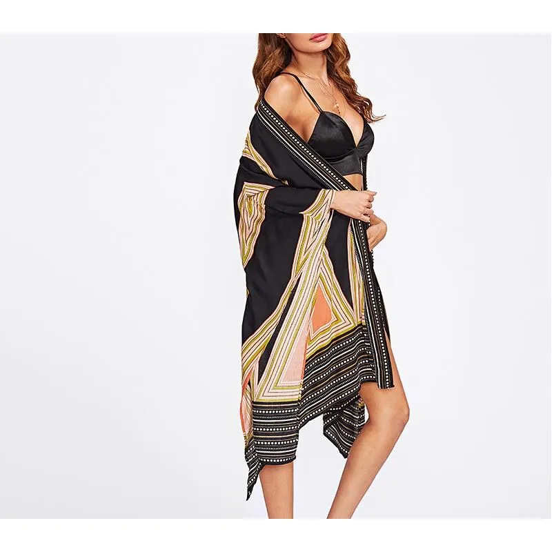 

Fashion 2019 Summer Women Vintage Multicolor Long Kimono Shirts Casual Loose Beach Long Sleeve Geo Print Blouse