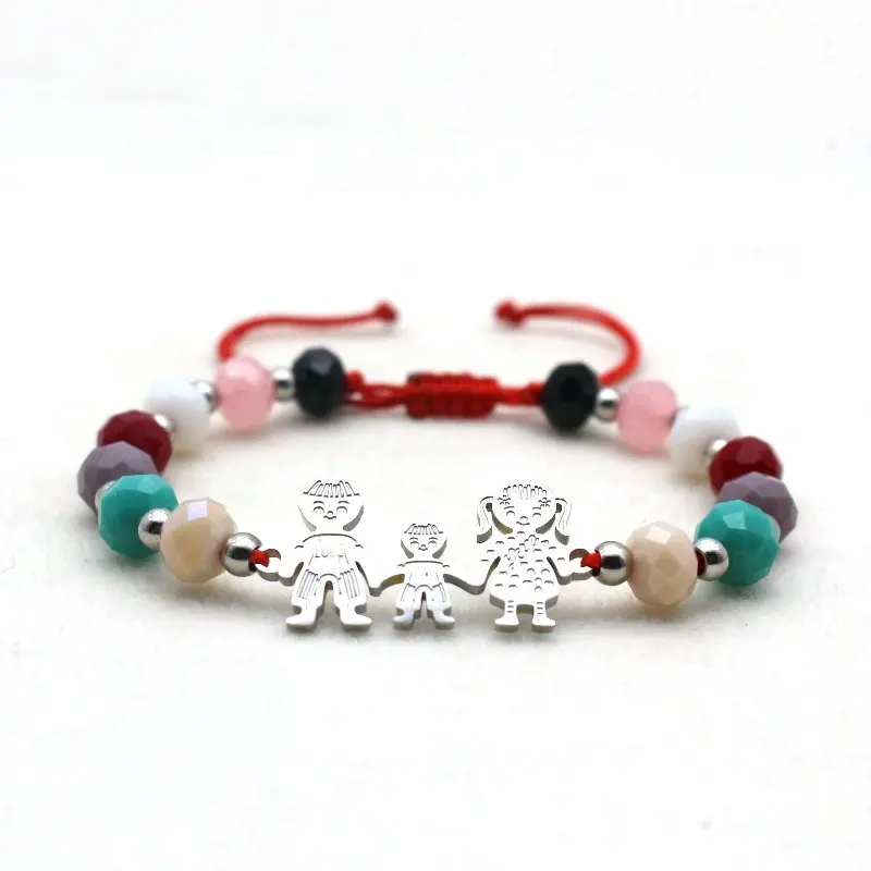 

New Stainless Steel Bracelets For Men Women Dad Mom Boy Family Acrylic Beads Red Rope Beaded Bracelet Couples Love Jewelry Gift