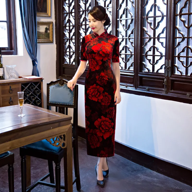Ретро осень велюр Cheongsam длинный красный цветок Qipao Китайский Восточный Платья для женщин Дешевые Vestidos formales Винтаж бархат QI Pao Курто
