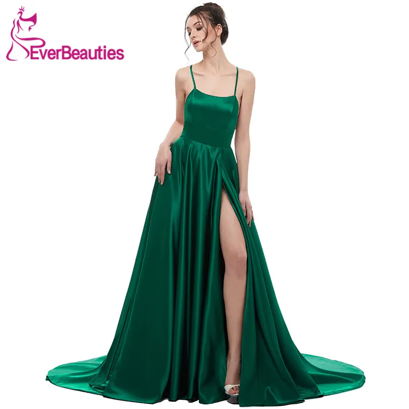 Thestave Comprare Verde Vestito Da Sera 2019 Una Linea Di Raso Con Cinghie Spaghetti Lungo Prom Party Dress Side Split Abiti Abendkleider Economici Prezzo Online