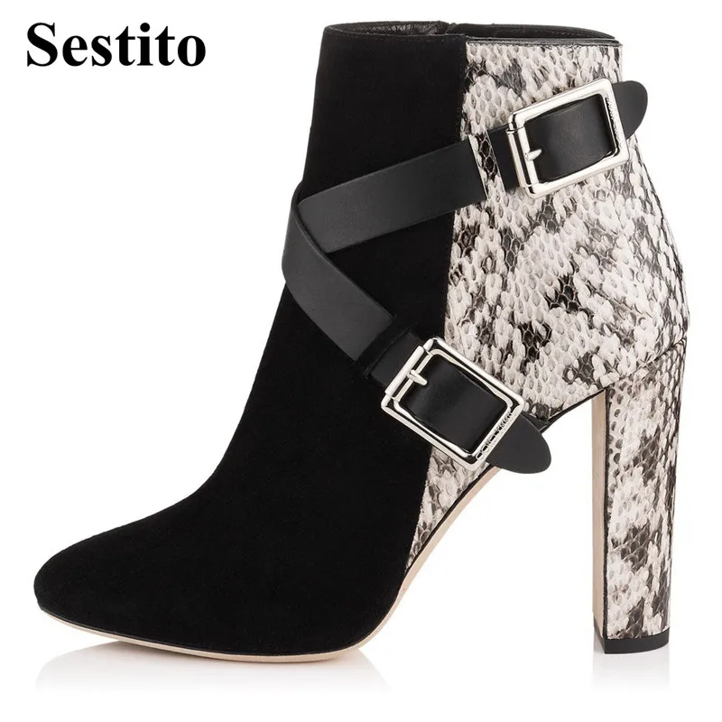 

Fashion Patchwork Snake Pattern Round Toe Ankle Boots Women Super High Hoof Heels Cross-tied Buckle Side Zipper Ladies Shoes