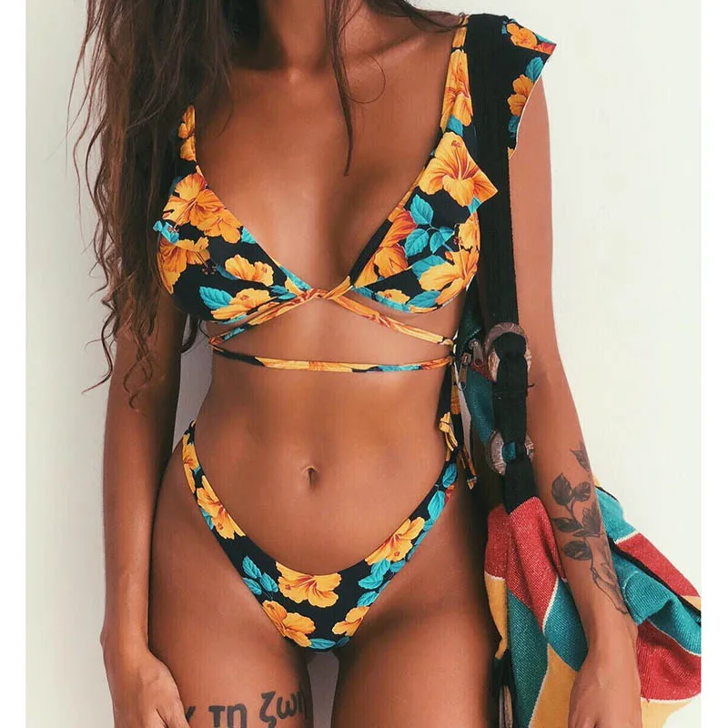 2019 New Off Shoulder Printed Ruffled Bikini Mujer Flroal Sexy Swimwear Women Swimsuit Brazilian Beach Bikini Set Thong Biquini