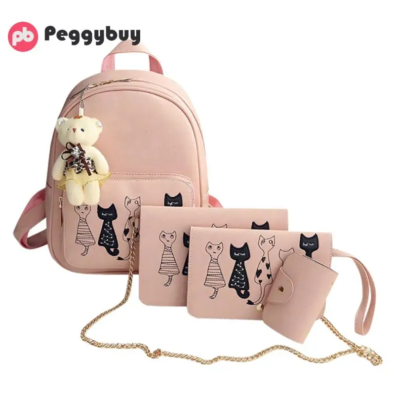 4PcsSet Small Backpacks female School Bags For Teenage Girls Black Pink PU Leather Women Backpack Shoulder Bag Purse Mochila