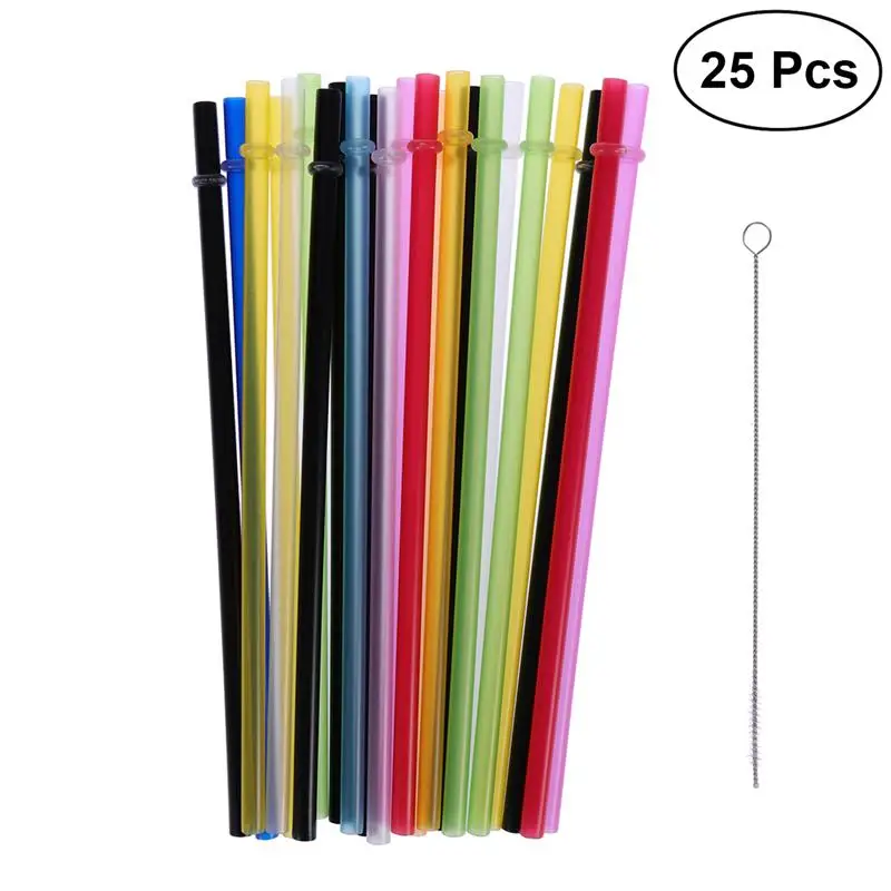 

25pcs Pure Color Reusable Plastic Thick Drinking Straws Two Colors Threaded Straw for Party Home Use with Brush (Mixed Colors)