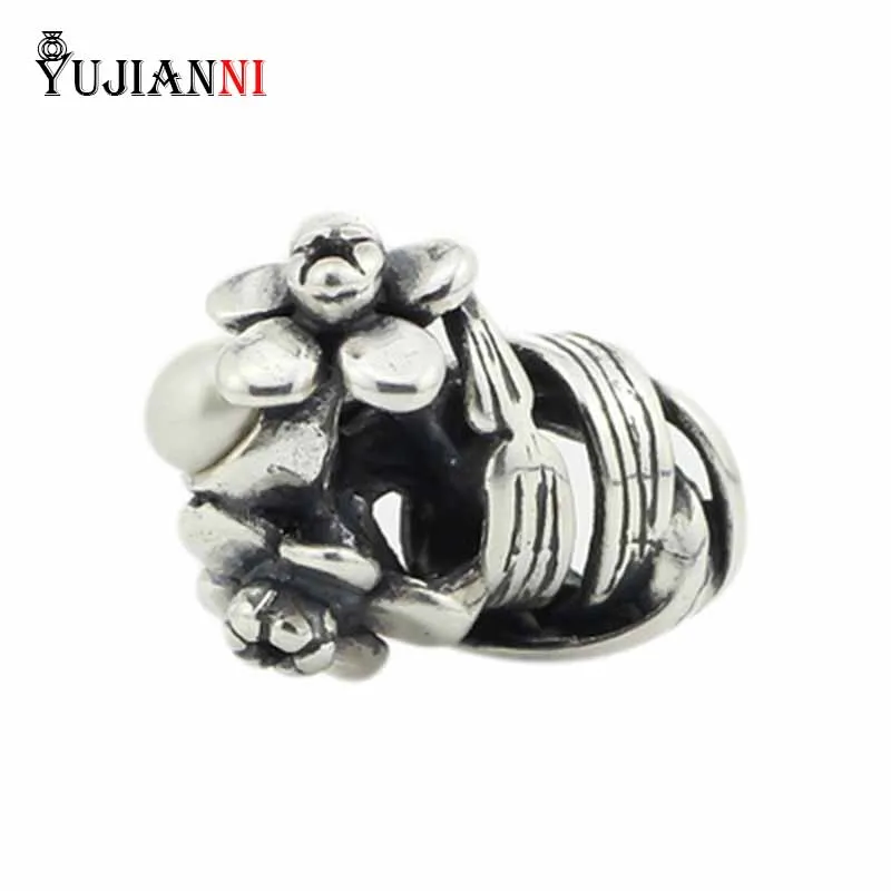 

Genuine 925 Sterling Silver Charm Daffodil of March With White Pearl Bead Fits European Brand Troll 3.0mm Bracelet Jewelry