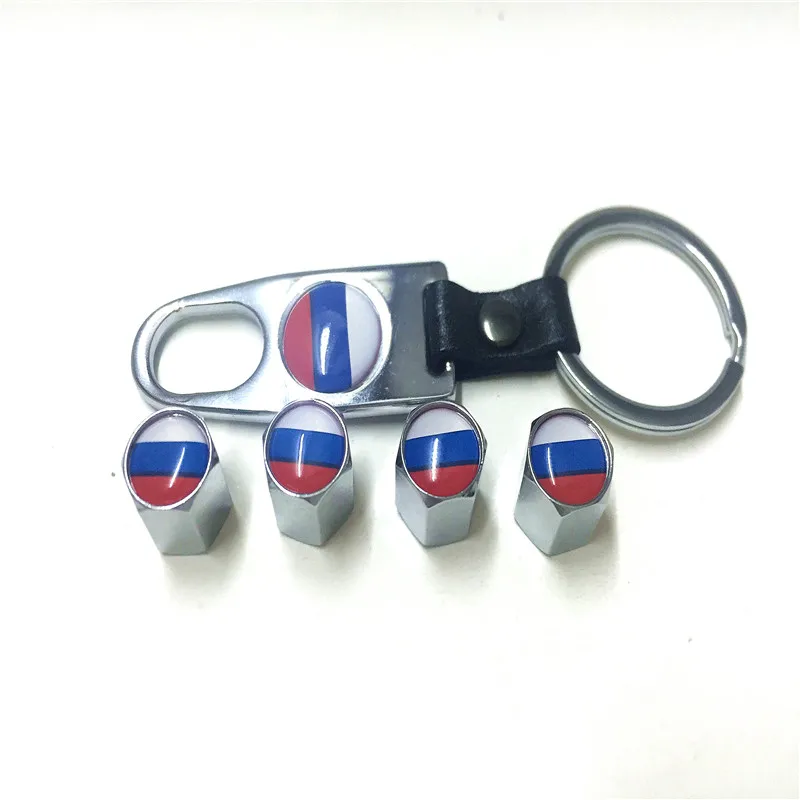4 шт./лот, автомобильный Стайлинг, флаг России, логотип, колпачок клапана для шин с кольцом для ключей, гаечный ключ, наклейка для автомобилей