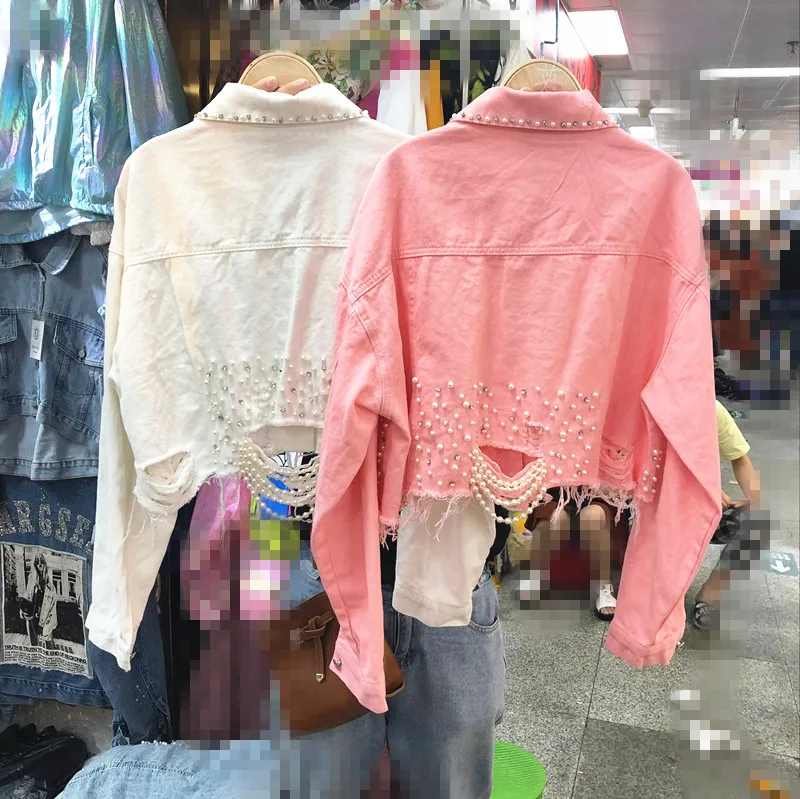 2019 ربيع المرأة حفرة جديدة رعاة البقر سترة المتناثرة الخرز قصيرة الدنيم معطف جاكيتات الفتيات سيدة فضفاض جان معاطف أبلى الطلاب