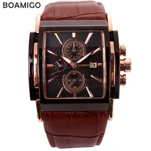 BOAMIGO hombres moda casual deportes relojes de oro rosa relojes de cuarzo dial grande sub diales reloj hombre relojes de pulsera de cuero marrón