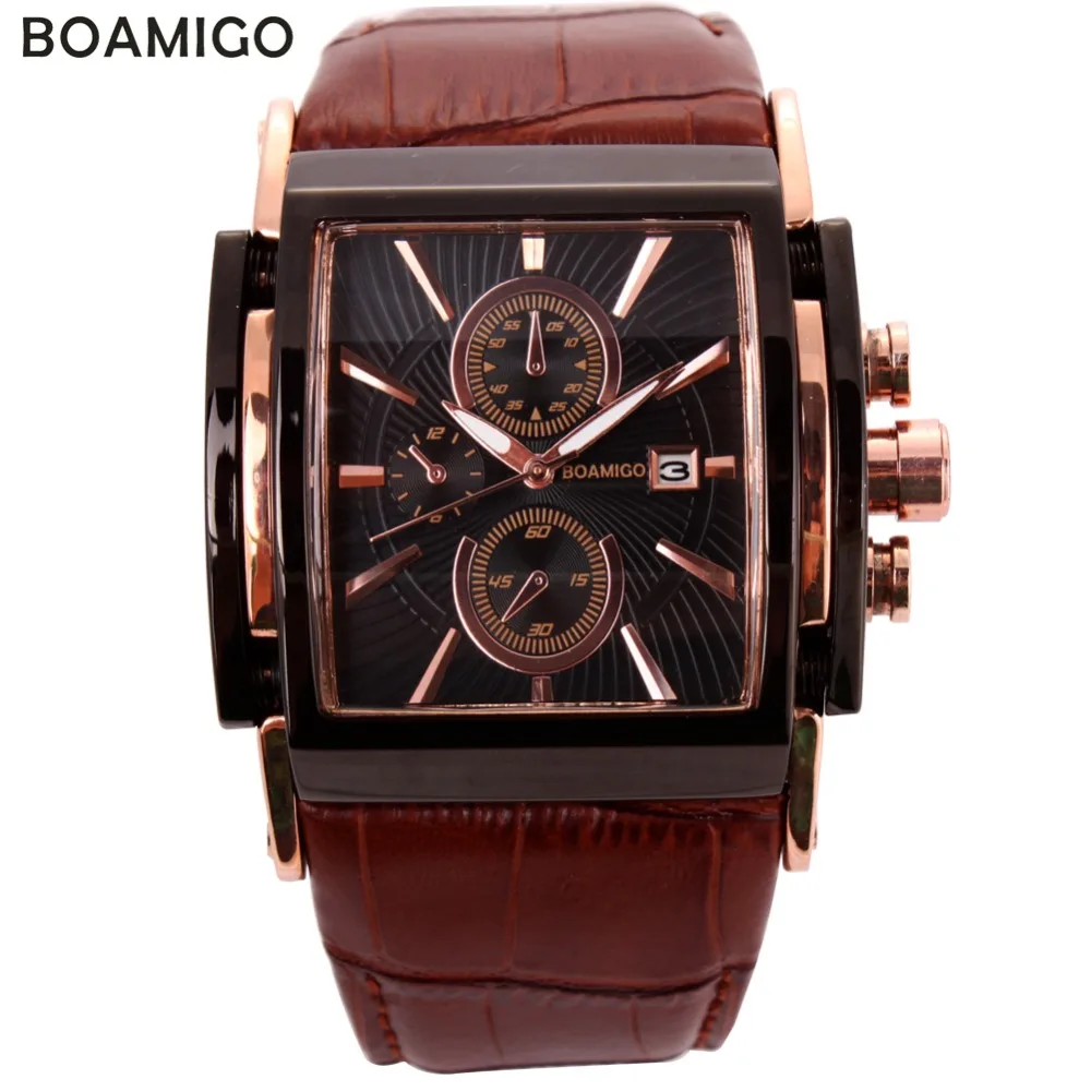 Baratos Relojes de cuarzo BOAMIGO para hombre, relojes deportivos casuales de moda, esfera grande, oro rosa, sub reloj con esferas, relojes de pulsera de cuero marrón para hombre