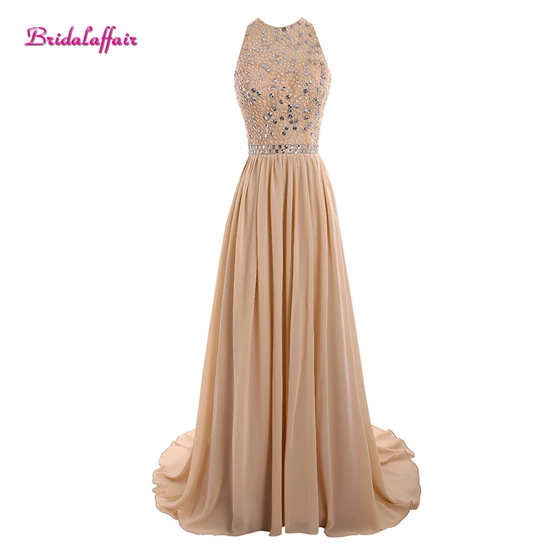 

Real Photo Backless Crystal Chiffon O Neck Evening Dress 2017 Custom made Sleeveless Sweep Train A Line Prom Gown Robe de festa