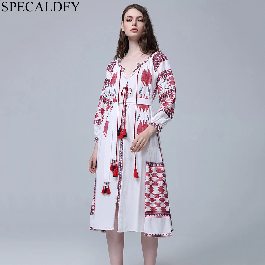

Emboidery Bohemian Dress Women Cotton Line Lace Up Retro Vintage Dress High Quality Fashion Casual Dresses Robe Femme Ete 2019