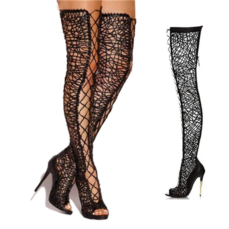 Пикантные черные сапоги Кружево блестками See-Thru пикантные длинные выше колена до