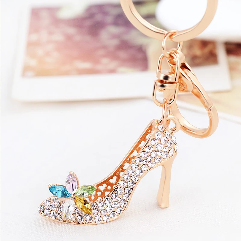 Cute Crystal Flower Keychain Rhinestone Shape High Heel Shoes Keychain Metal Alloy Keyring Auto Handbag Key Ring Charm Pendant