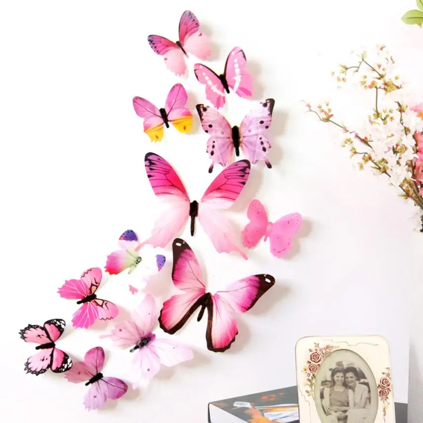 

New Qualified Wall Stickers 12pcs Decal Wall Stickers Home Decorations 3D Butterfly Rainbow PVC Wallpaper for living room