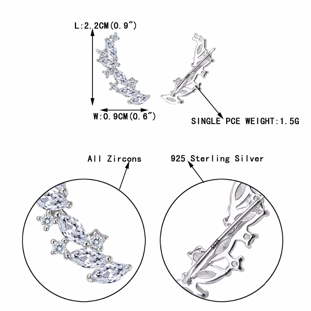 Tuliper Свадебный лист ухо манжеты лоза 925 пробы серебро сверкающий кубической формы циркониевый серьги для свадьбы ювелирные изделия подружки невесты подарок для девушки
