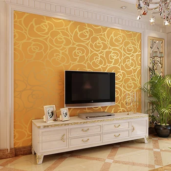 

3d flocking emboss Gold-yellow Rose wallpaper rolls sofa tv background 3d wallcoverings bedroom girl wedding room 3d wall paper