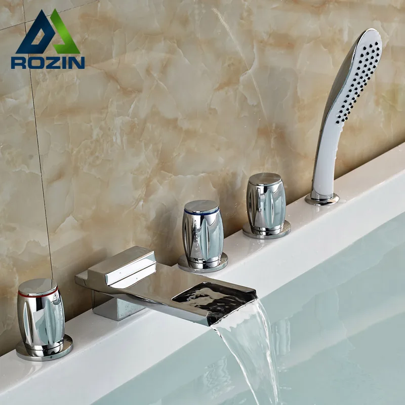 Polished Chrome Brass Waterfall Tub Filler Deck Mount Widespread Bathtub Mixer Tap with Handshower