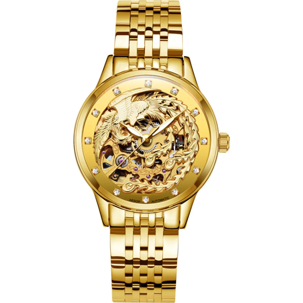

AESOP Gold Watch Women Skeleton Automatic Self-Wind Diamond Luminous Chinese Phoenix Waterproof Transparent relogio feminino