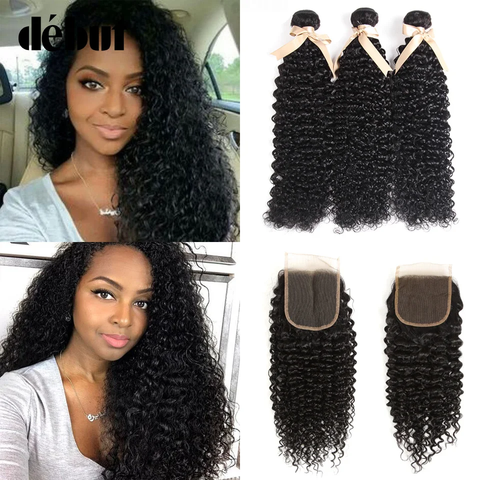 

Debut Peruvian Hair Bundles With Closure Kinky Curl 10-24 Inch Natural Color 3 Deals Human Hair Bundles With 4x4 Lace Closure