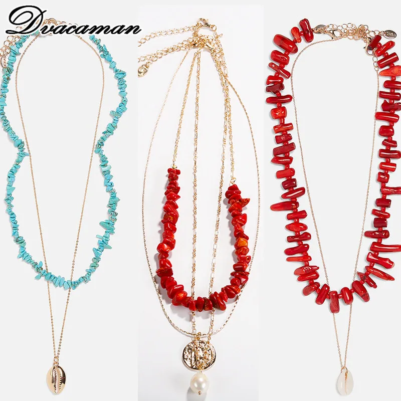 

Dvacaman Boho ZA Designs Shell Pearl Choker Necklaces for Women Red Stone Long Chain Pendant&Statement Necklace Jewelry Wedding