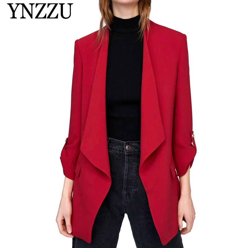2019 New Spring Solid Red Black Blazer Women Casual Turn