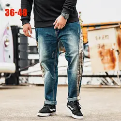 Весна новые стрейч джинсы мужские 36-48 Плюс Размер Мужские джинсы брюки хип-хоп свободные прямые синие джинсы с принтом для 80 кг-140 кг большие