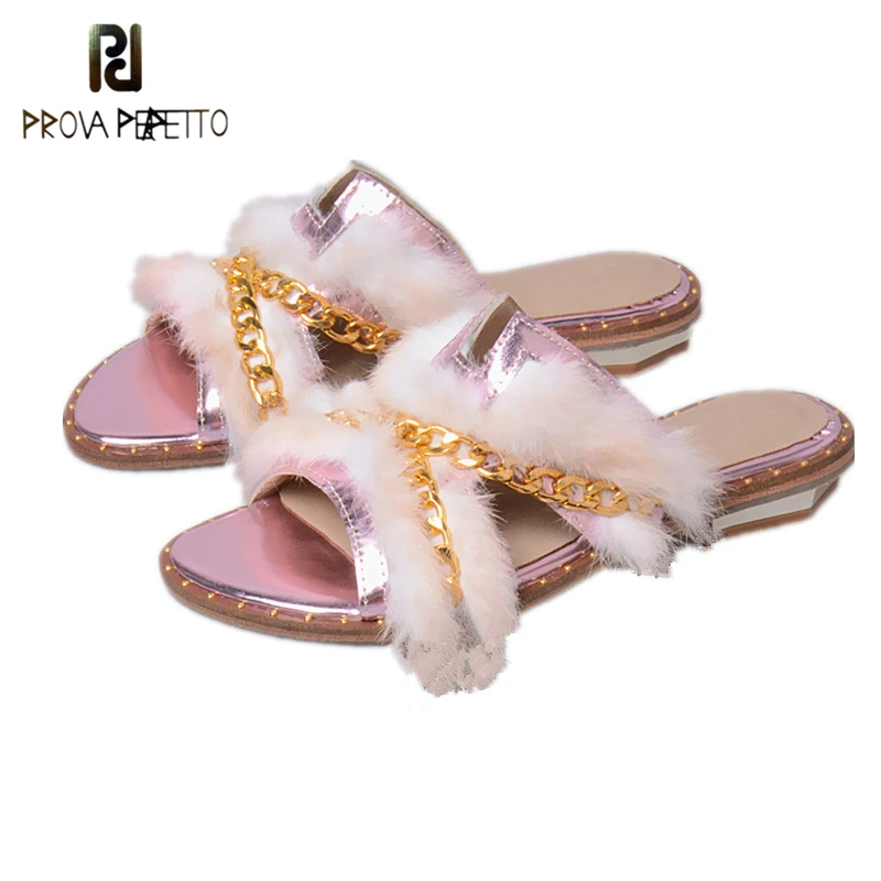 

Prova Perfetto Luxury Genuine Leather Thick Bottom Woman Slipper Shoes Gold Chain With Bunny Fur Cross-tied Soft Sole Shoes