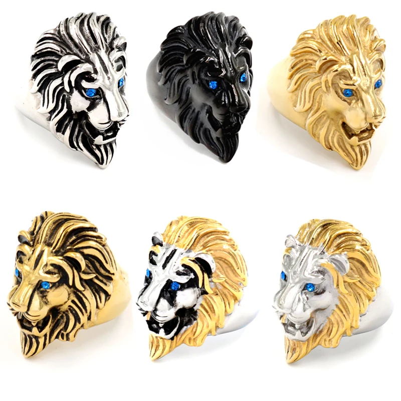 

New Men Gothic Blue Gold Black High Quality Stainless steel Punk lion Ring For Men's Animal Lion's head Rings Jewelry Wholesale
