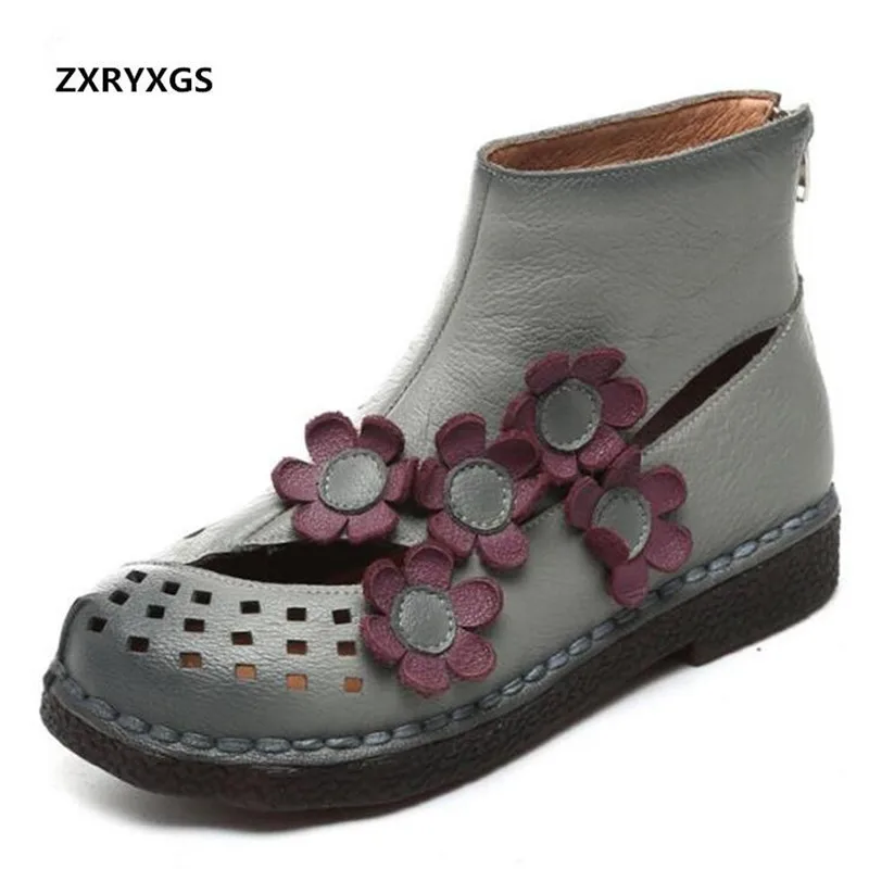 

ZXRYXGS Brand Shoes Women Boots 2018 Spring Summer Breathable Comfortable Flower Real Leather Shoes Fashion Sandals Women Boots