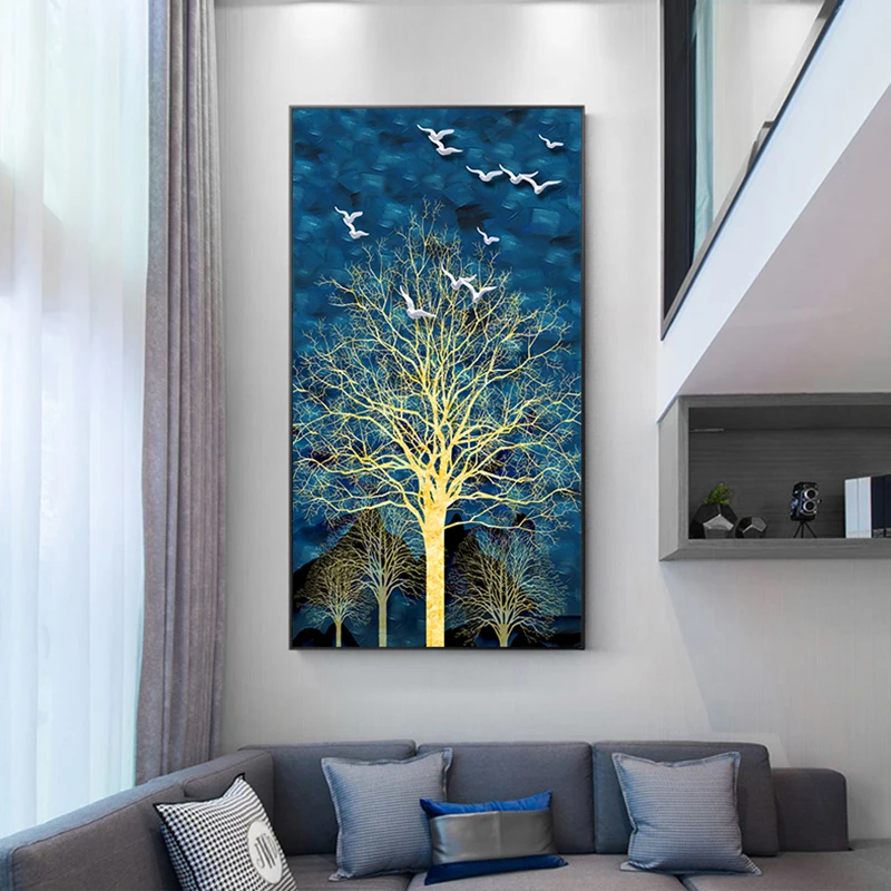 Большой Размеры Wall Art абстрактный Золотой дерево картина синий ночного звездного