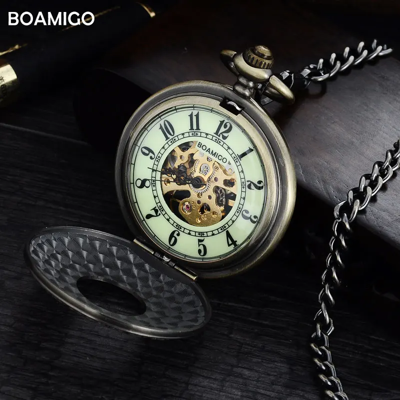 FOB мужские карманные часы антикварные механические часы BOAMIGO Скелет римские цифры часы Медный Дизайн подарок часы reloj hombre