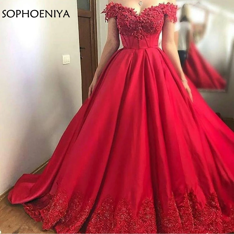 

New Arrival Red Ball gown evening dress 2019 Beaded Lace Appliques long dress party Evening Gowns abendkleider dubai