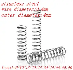 50 шт. проволоки 0.4 мм Нержавеющая сталь небольшое пятно сжатия Весна наружный диаметр 4 мм. Длина 5/10/15/20/25/30/35/40/45/50