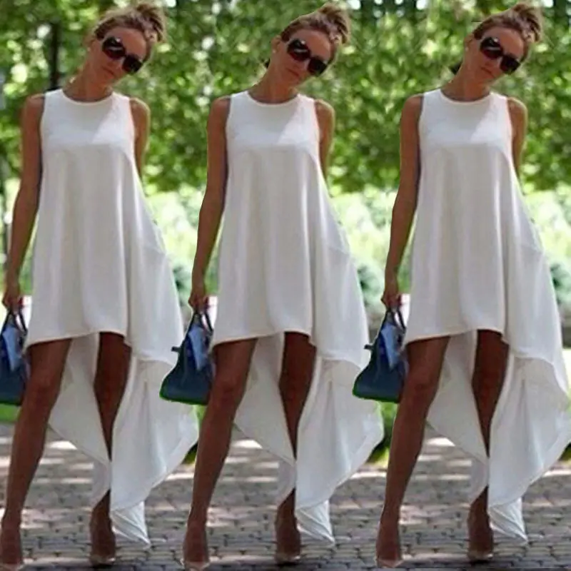 Горячая Распродажа, летнее женское Повседневное платье высокого качества без рукавов, асимметричное черно-белое однотонное модное платье, размеры s-xl