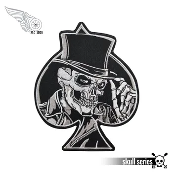 

Top Quality Spades Top Hat Skull Embroidered Iron On Patch Motorcycle Biker Club Patch Front Jacket Patch DIY Free Shipping