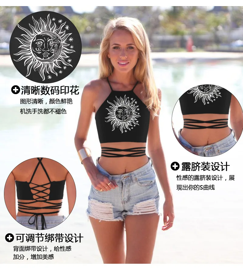 

Europe and America 2019 explosion-proof solar-god printing small-size waistcoat, sexy open-back strap, ultra-short, European and