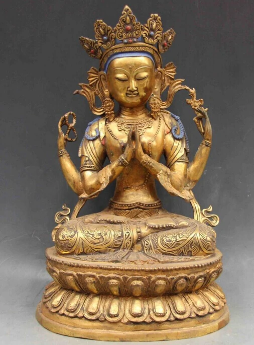 

bir 004486 Chinese Temple Bronze Copper Four Arm Hands Kwan-Yin Bodhisattva Buddha statue