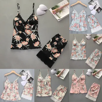 

Women Sexy Satin Fashion Print Lace Bow Pajamas Sleepwear Set With Chest Padropa interior femenina sexy erotica#M3Y