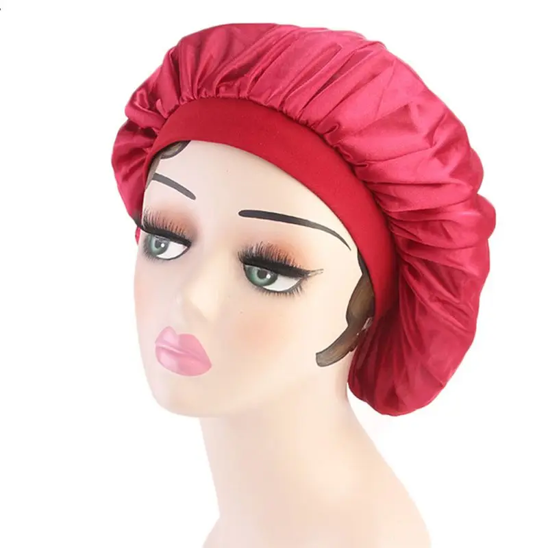 Женская искусственная шелковая шляпа с широким эластичным ремешком, Однотонная ночная шапочка для сна, плиссированная, винно-красного цвета