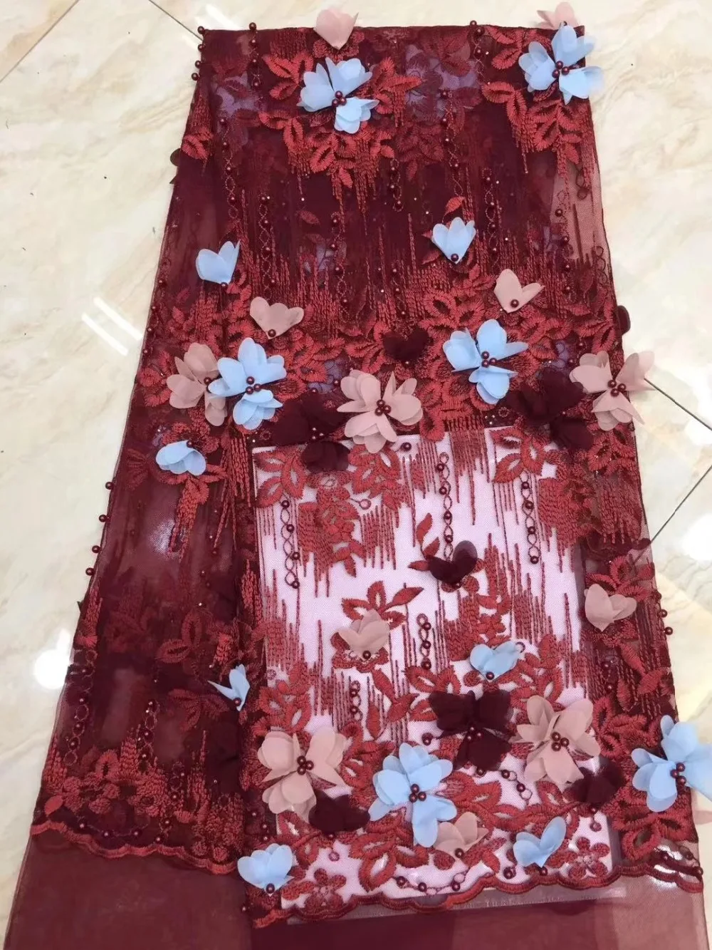 

3D flowers design beaded african french lace fabric embroidered net tulle lace with beads 5yards for wedding dpoc054