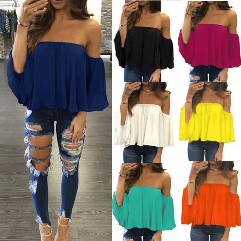 

Women Off Shoulder Blouse New Sexy Chiffon Tops Shirt Loose Party Women Blouse Elegant Summer Fashion bare shoulders Clothes