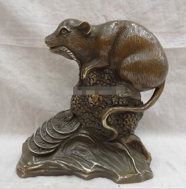 ZSR906+++ 9" Chinese Bronze JiXiang Wealth Mouse On Coin Ball Statue Sculpture Animals | Дом и сад