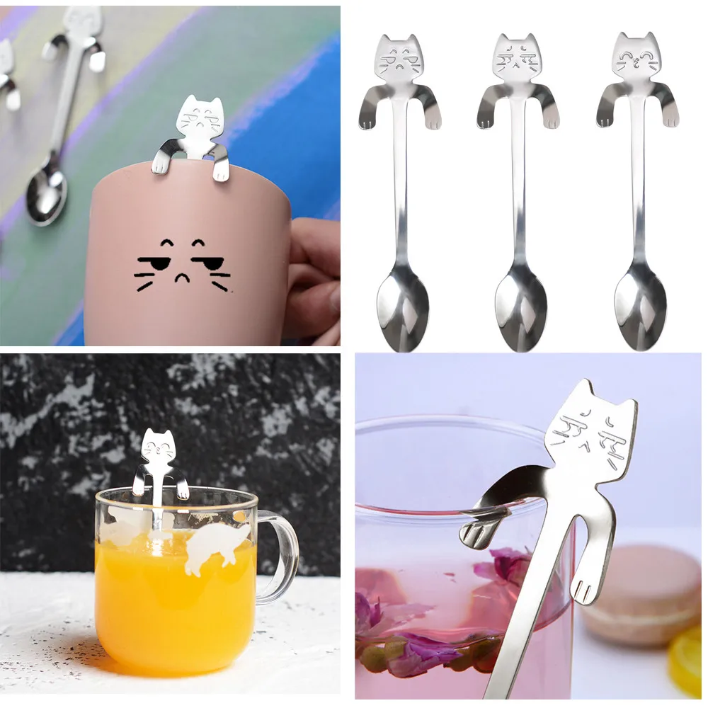 

Stainless Steel Cartoon Cat Spoon Long Handle Flatware Coffee Drinking Tools Kitchen Gadget Creative Milk Coffee Spoon Teaspoon
