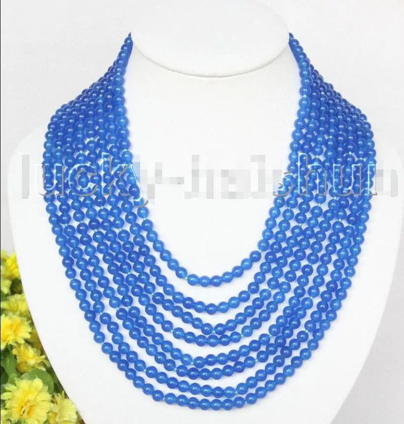 DYY Free Shipping &gt&gtAAA natural 8row 17&quot 6mm round blue jade bead necklace magnet clasp j11378 | Украшения и аксессуары