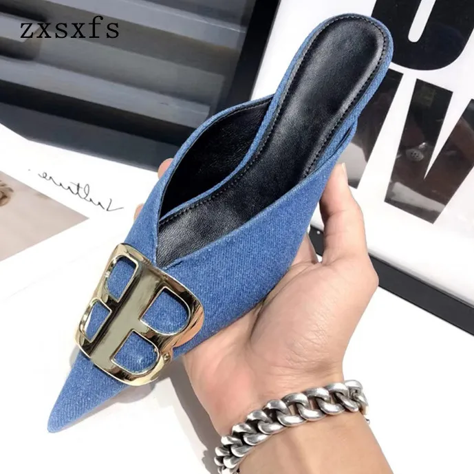 

Point Toe Blue Denim Sandals Metal Thin Heels Woman Slippers